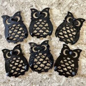 Owl Trivets Black Cast Iron Hot Plates Set Of 6 Footed Retro Farmhouse Cottage